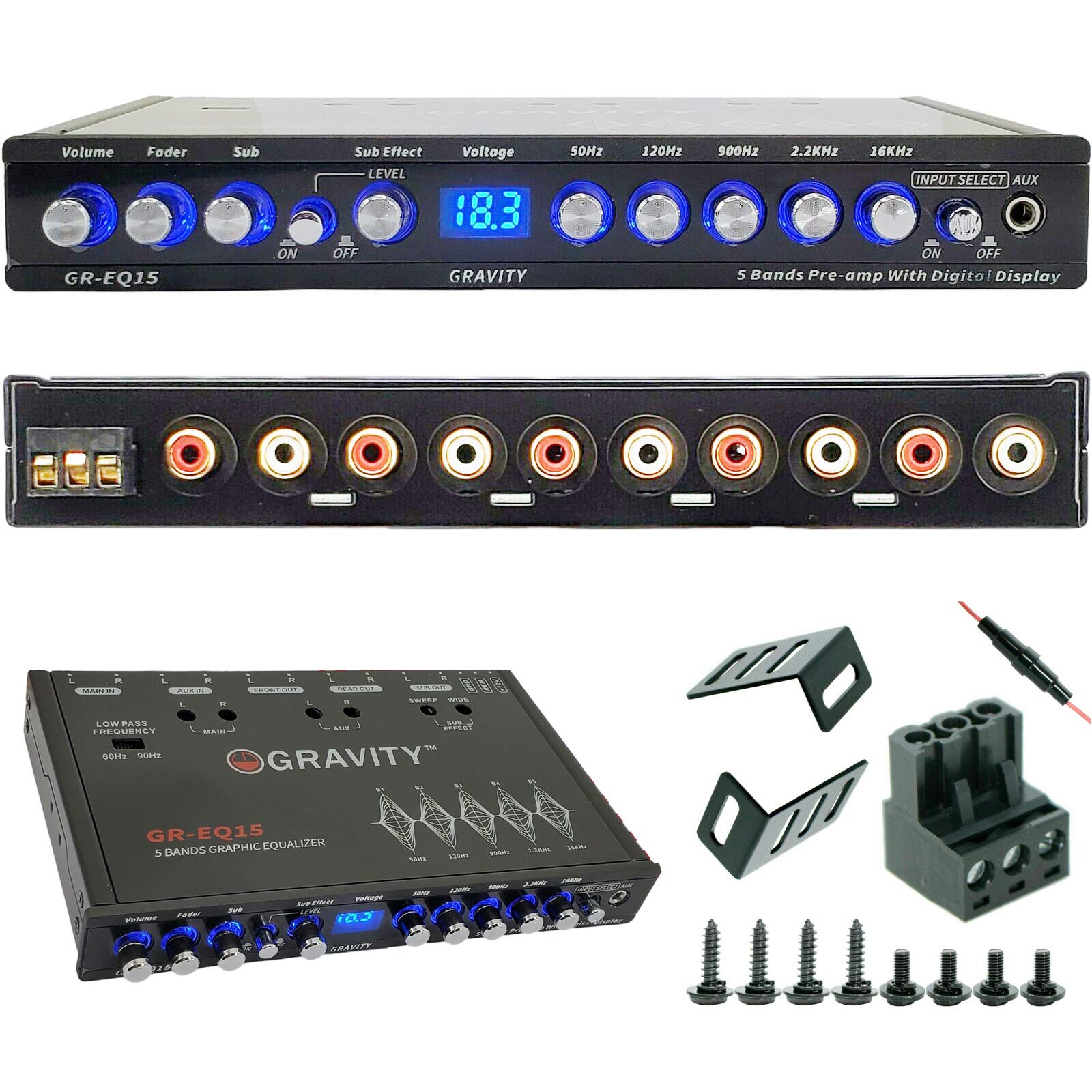 Gravity EQ15 1/2 DIN Cinco bandas de ecualización de audio para coche EQ frontal, control de volumen trasero + maestro con hasta 9 voltios RMS de salida/tres salidas RCA estéreo
