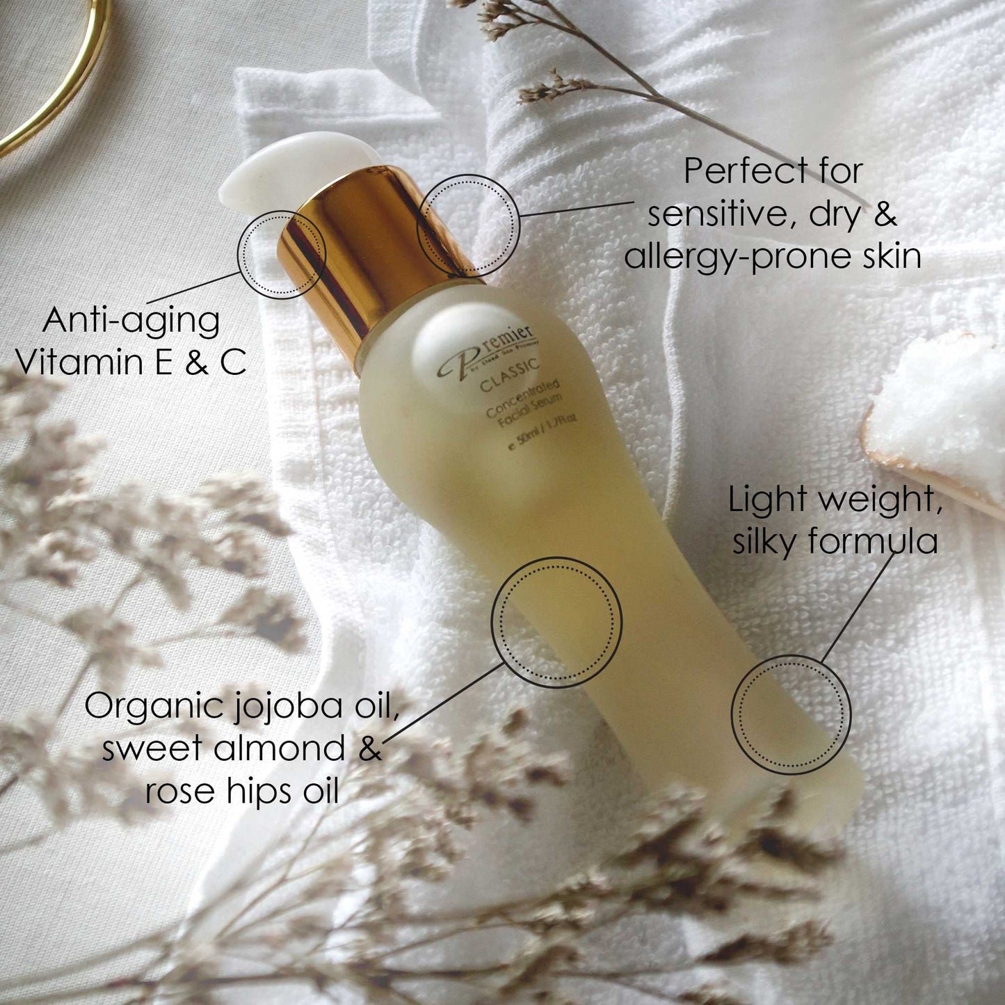 Premier Dead Sea Classic Sérum concentrado para la cara con vitamina E y C, desafiante de la edad, reductor de arrugas, blanqueador, hidratante, hidratante y reparador, suero facial sedoso y suave, 1.6 onzas líquidas