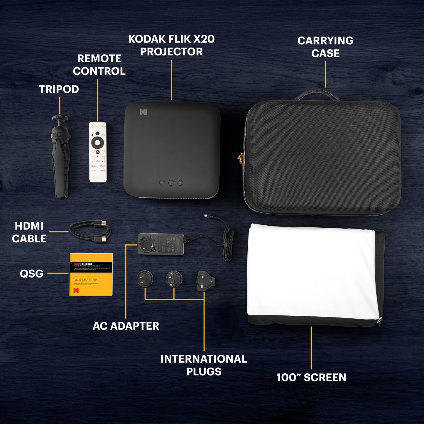 Kodak Flik X20 1080p Smart TV Proyector Kit con 300 ANSI LED, Auto-Focus & Keystone, HDR10 – Cine en casa portátil con funda EVA negra, trípode, visualización de 100 pulgadas, cable HDMI, control
