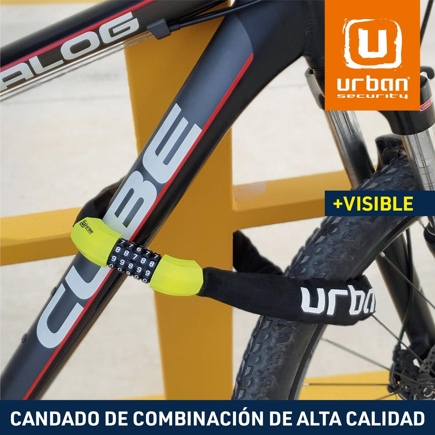 URBAN UR890 Candado de Bicicleta Cadena Antirrobo Moto con Combinación de Código de Seguridad y Funda Textil Bici Scooter Patinete Acero de Ø8 100cm