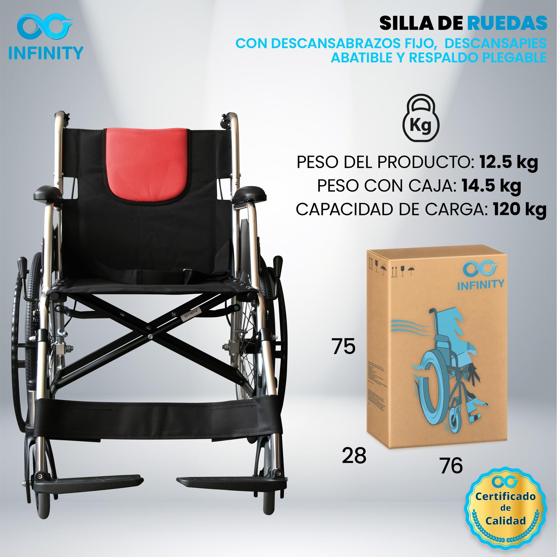 INFINITY | Silla De Ruedas Todo Terreno De Aluminio Con Respaldo Plegable y Doble Sistema de Frenado (Negro-Rojo)