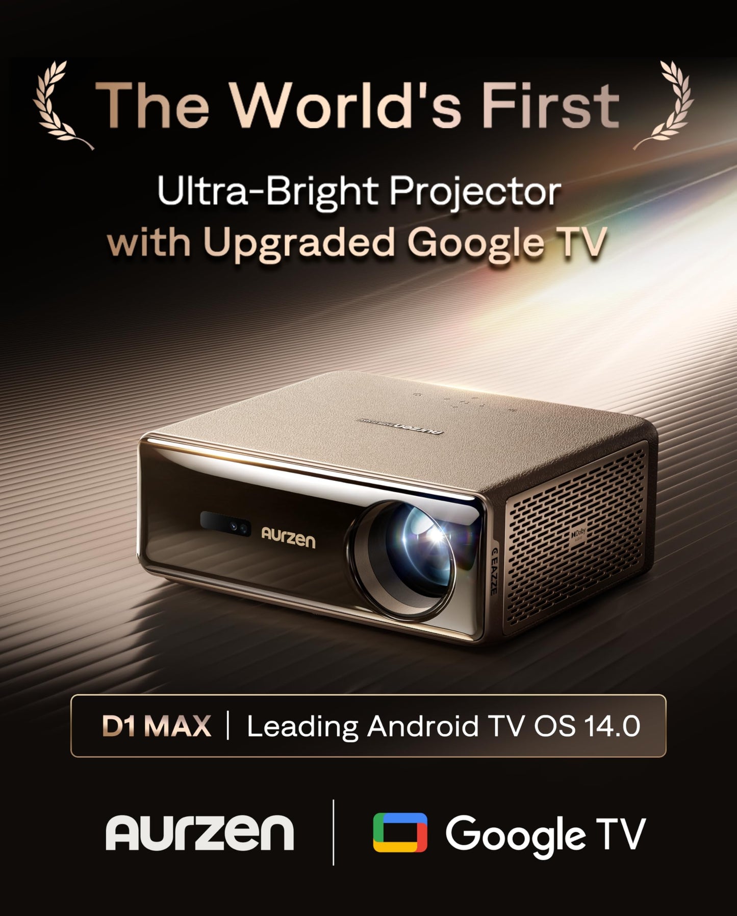 Aurzen EAZZE D1 MAX - Proyector inteligente de Google TV actualizado compatible con 4K, ultra brillante 1000 lúmenes ANSI, tecnología MEMC, totalmente automático, audio DoIby de 20 W, proyector de