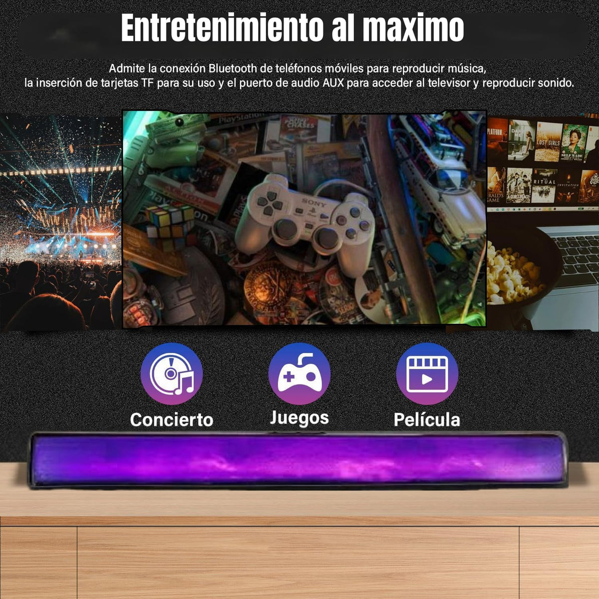 Barra de Sonido AEK CYBER Negra con Panel led y Bocina Bluetooth