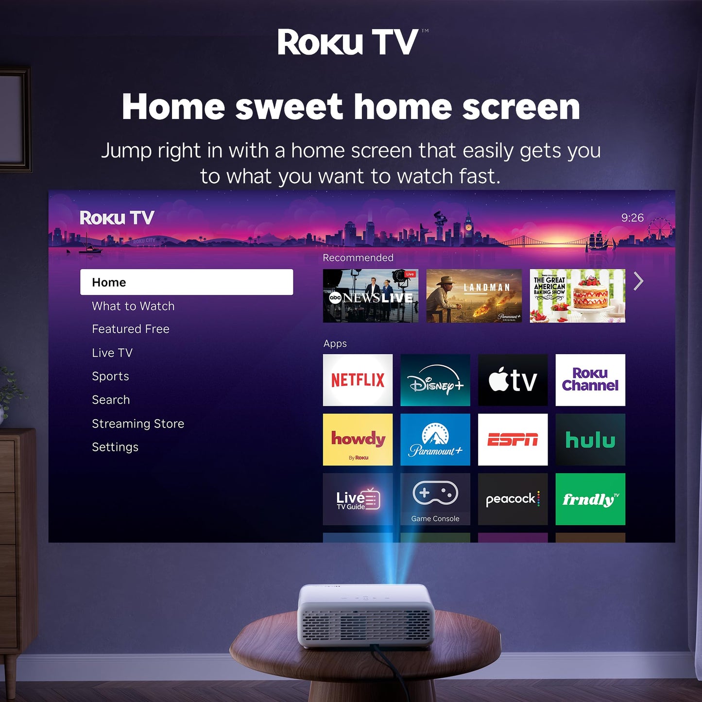 Aurzen Roku Proyector de TV para dormitorio, Roku Streaming Experience incorporado