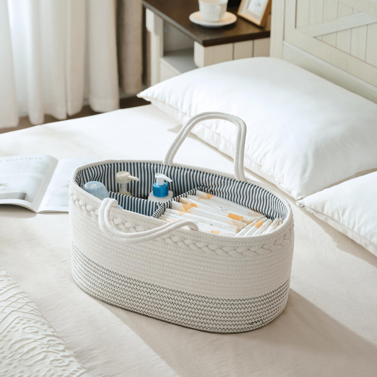Organizador de pañales de lujo para bebé, cesta de pañales extra grande de cuerda de algodón para guardería, organizador de cambiador, bolsa portátil con divisor, almacenamiento de coche, regalos de