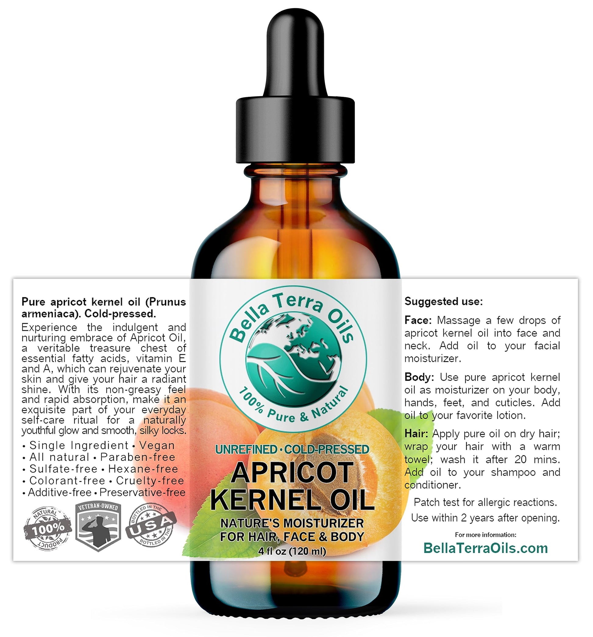 Apricot Kernel Oil 4 oz 100% Pure Cold-pressed Unrefined Organic - Bella Terra Oils