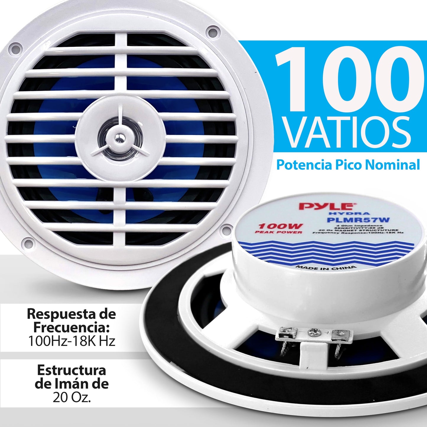 Pyle Bocinas Marinas 5.25 Pulgadas 100 Vatios, 2 Vías, Altavoces para Exteriores, Impermeables y Resistentes, Cono Policarbonato, Borde de Tela, 1 Par