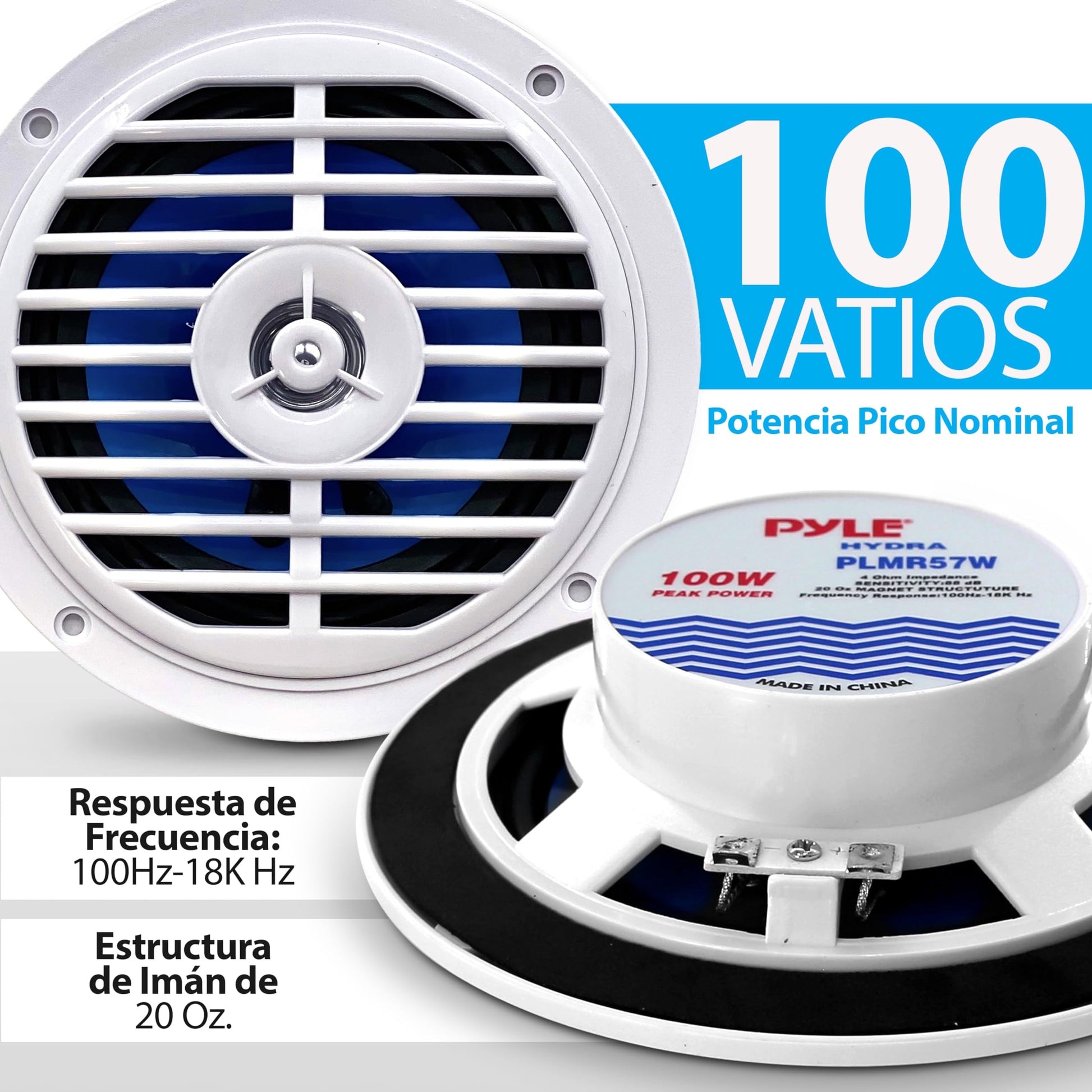 Pyle Bocinas Marinas 5.25 Pulgadas 100 Vatios, 2 Vías, Altavoces para Exteriores, Impermeables y Resistentes, Cono Policarbonato, Borde de Tela, 1 Par