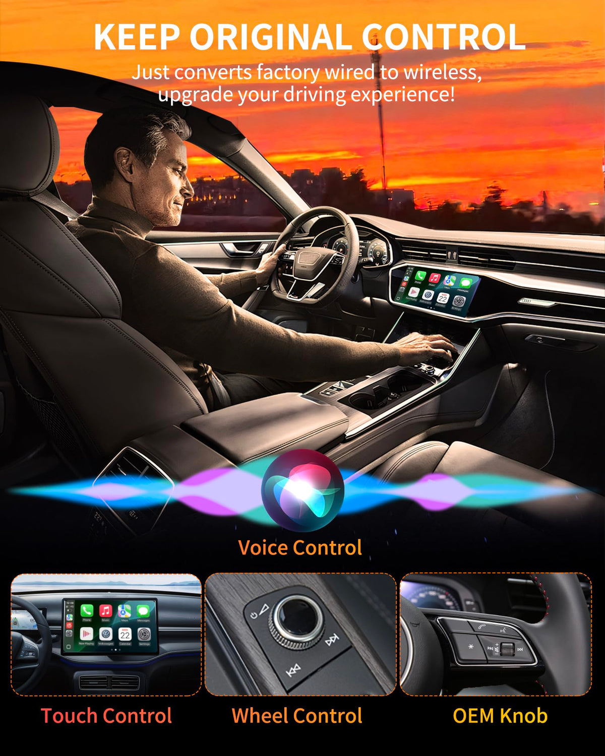 Adaptador Inalámbrico CarPlay iPhone y Android Auto Converter Plug and Play para Coches 2016+