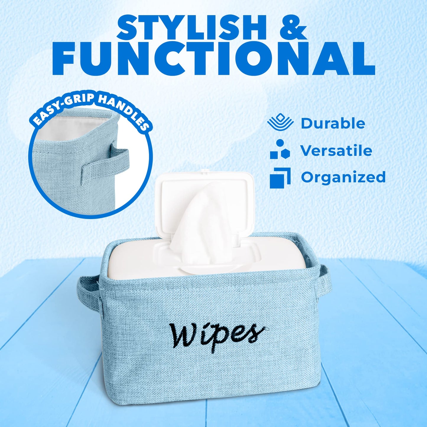 Dejaroo - Cestas para organizar toallitas y artículos esenciales para recién nacidos, organizador de pañales y toallitas, regalos bordados para baby shower, cesta de lino con asa, 9 x 6 x 5.5 pulgadas, azul