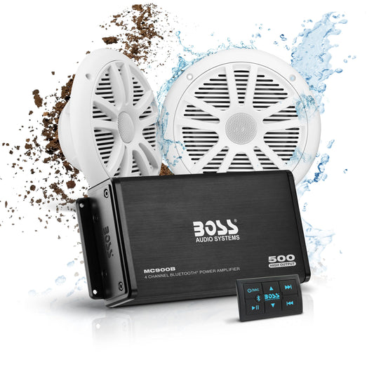 Boss Audio Marine Amplificador de 4 canales, 500 W / bocina de 16.51 cm, sistema Bluetooth de bocinas, Bluetooth remoto, USB auxiliar, interfaz de montaje, bolsa impermeable, Paquete de sistema de Amplificador + 2 bocinas, 1 pair of speakers, Blanco, negr