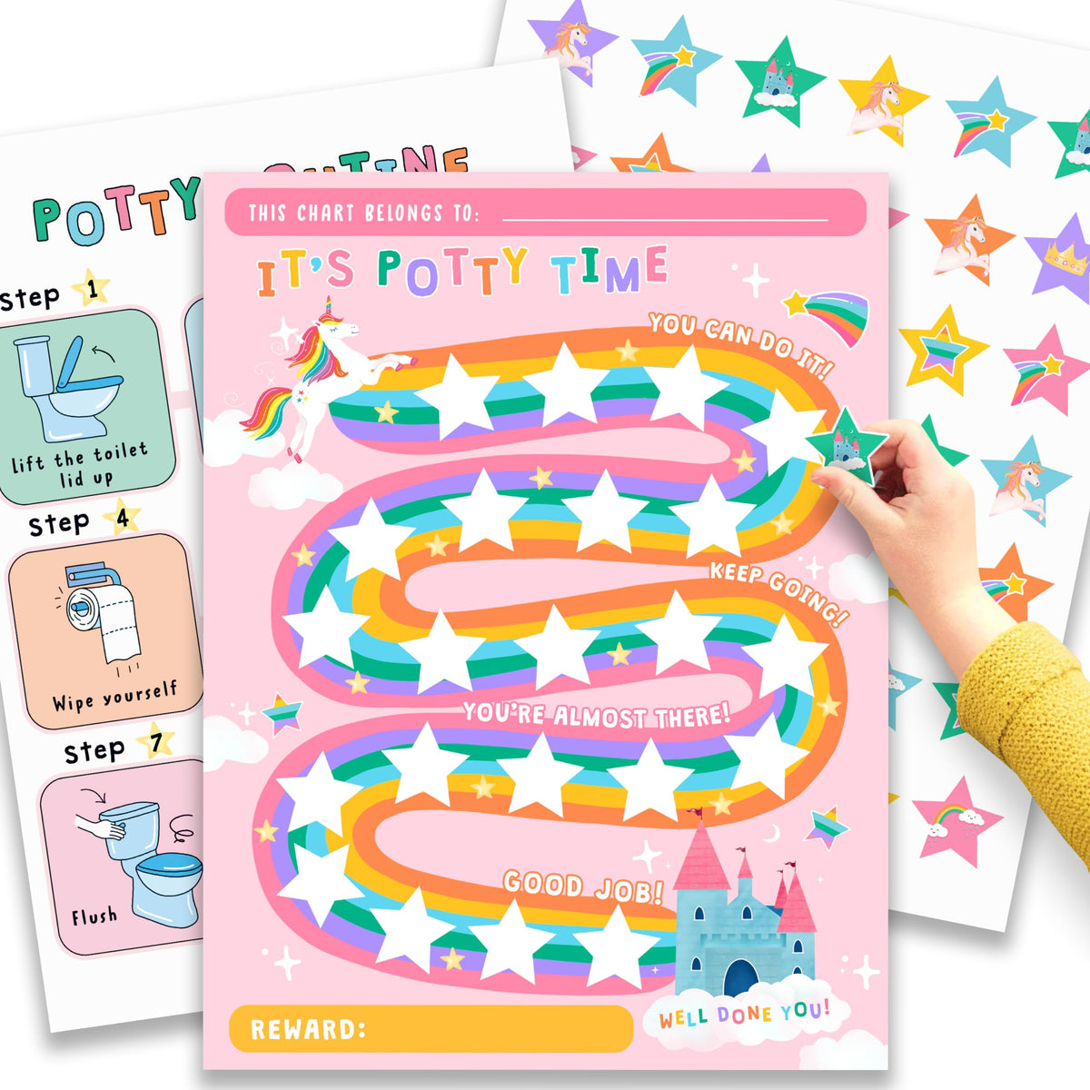 Tabla de recompensas para entrenamiento en el uso del potty para niños - Unicornios y castillos x 10 piezas - Tabla de entrenamiento en el uso del potty para niñas - Calendario de rutina - Tablero de