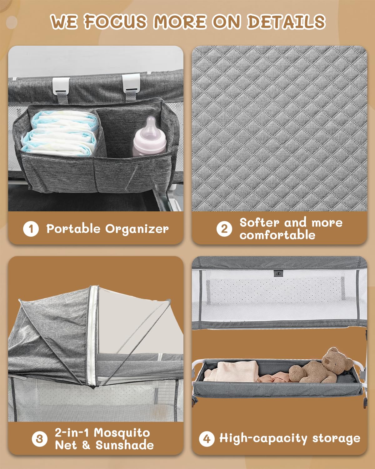 Leoavetole - Moisés de cama para bebé, cuna 4 en 1 con ruedas, cuna ajustable de 6 altura con malla transpirable para recién nacidos y bebés (gris profundo)