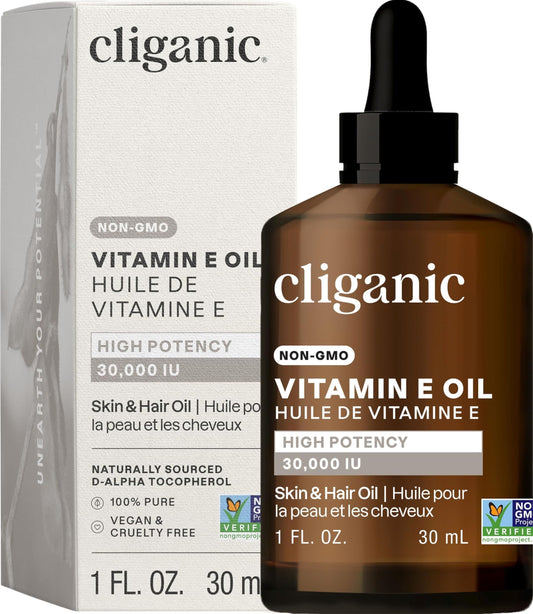 Cliganic Pure Vitamin E Oil, 30 ml - Pure Natural Face and Body Oil - Moisturizing Oil for Skin, Hair and Nails - 30,000 IU, Non-GMO Verified - Helps Reduce Signs of Aging, Improve Skin Texture