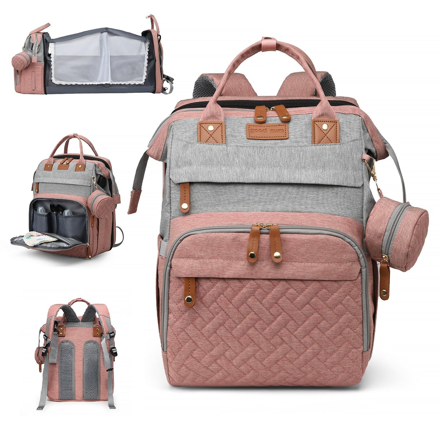 AHNTTGS - Bolsa para pañales con cambiador, Rosa-gris, Grande