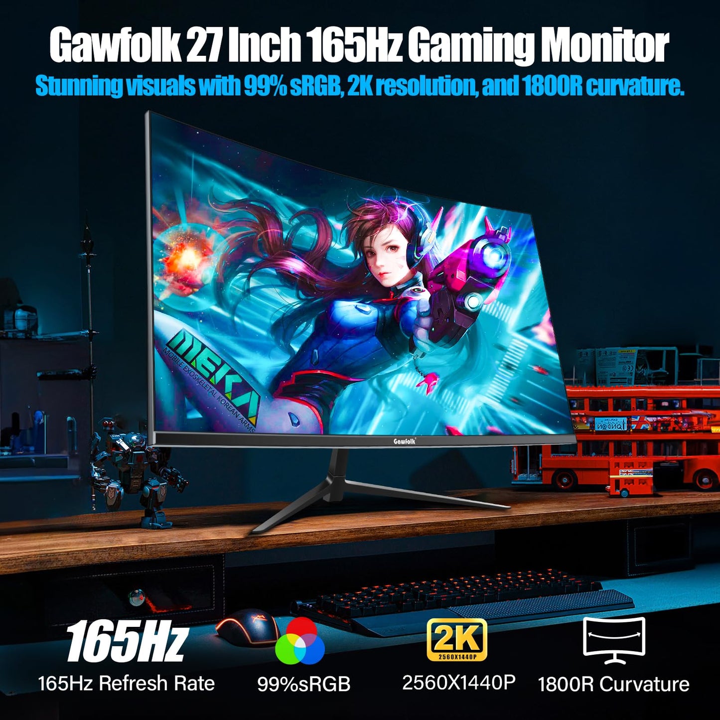 Gawfolk Monitor 27 Pulgadas Gaming Curvo 2K 165Hz, QHD 2560x1440p 144Hz de con AMD FreeSync, sin Parpadeo, HDMI 2.0, DP 1.4, Monitor de PC con Pantalla ultradelgada sin Marco 1800R