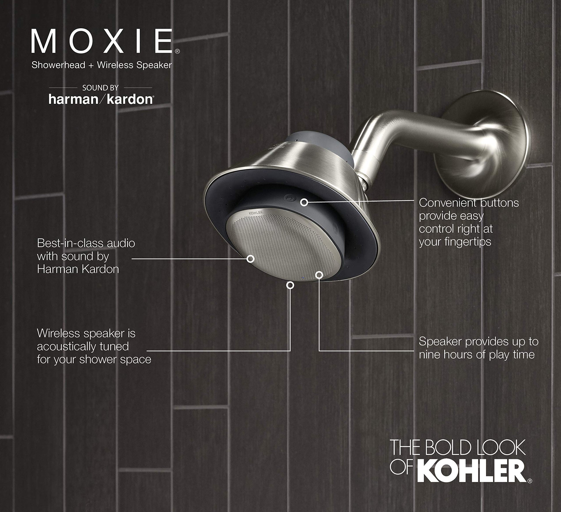 Kohler Moxie - Altavoz inalámbrico Bluetooth impermeable, 1.75 gpm, níquel cepillado