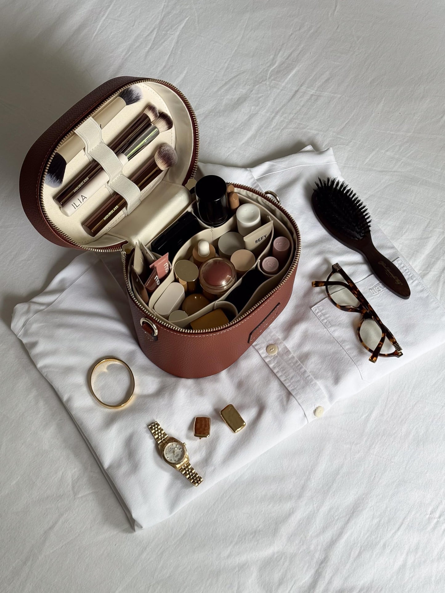 ETOILE - Estuche de aseo ovalado, organizador de bolsa de maquillaje de viaje con correa para el hombro y divisor extraíble, Rosado lavanda, Mini estuche de viaje cosmético