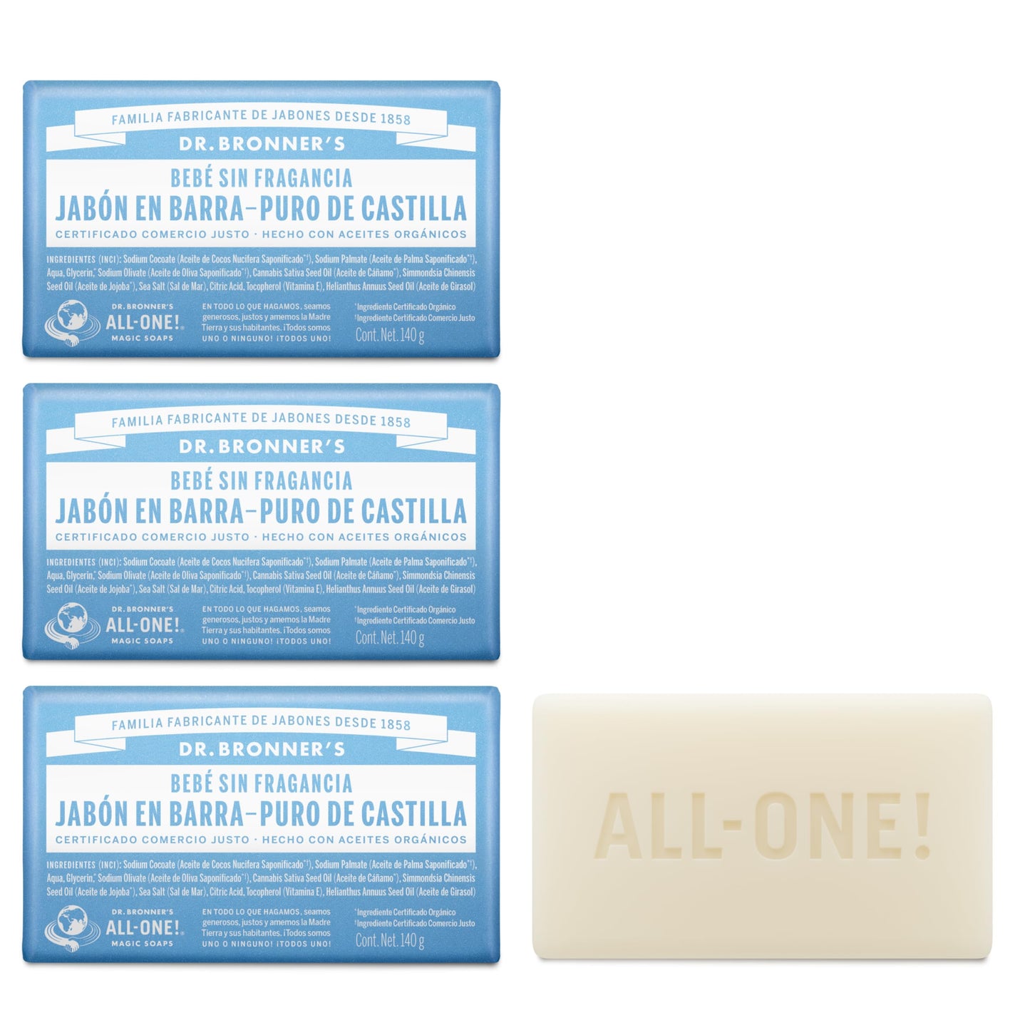 Dr. Bronner's | Jabón de castilla orgánico en barra, fórmula concentrada, suavidad pura y cuidado para piel sensible, sin aceite esencial, aroma Sin Aroma (3 pack)