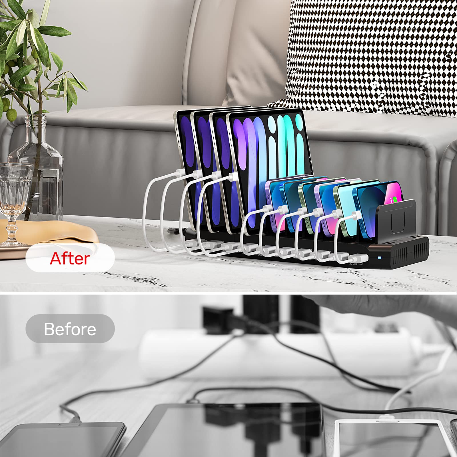 Estación de Carga USB Unitek Gris con Soporte Organizador de Carga Rápida 3.0 para Smartphone, Tablet e iPad