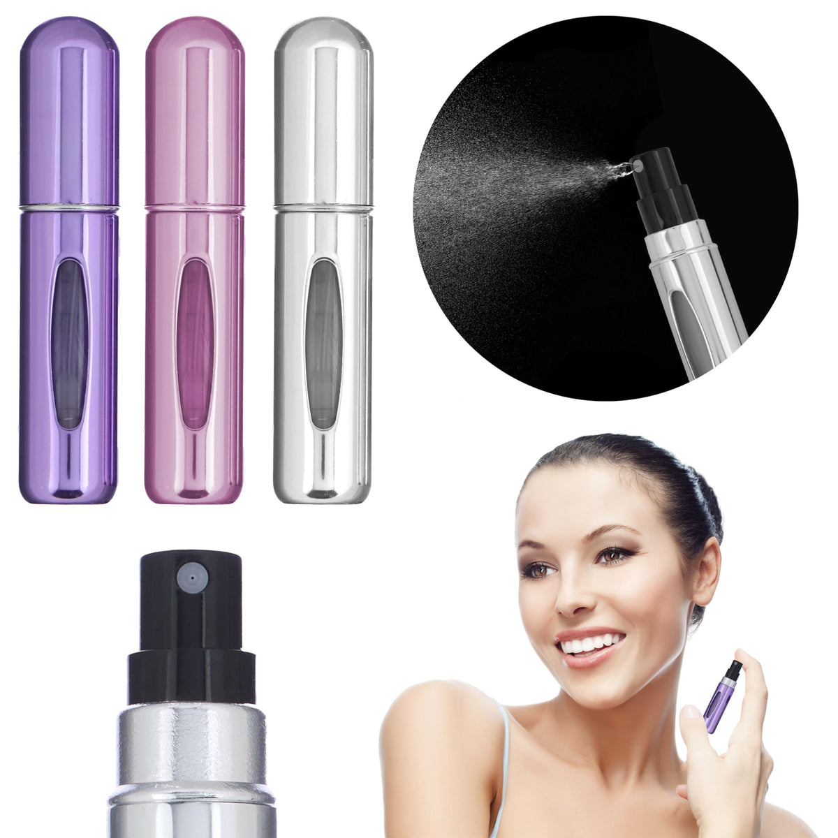 Expressions ANPC17311 - Juego de atomizadores de perfume recargables de tamaño de viaje de 5 ml, botellas de aluminio pulverizadoras de perfume de color morado, blanco y rosa