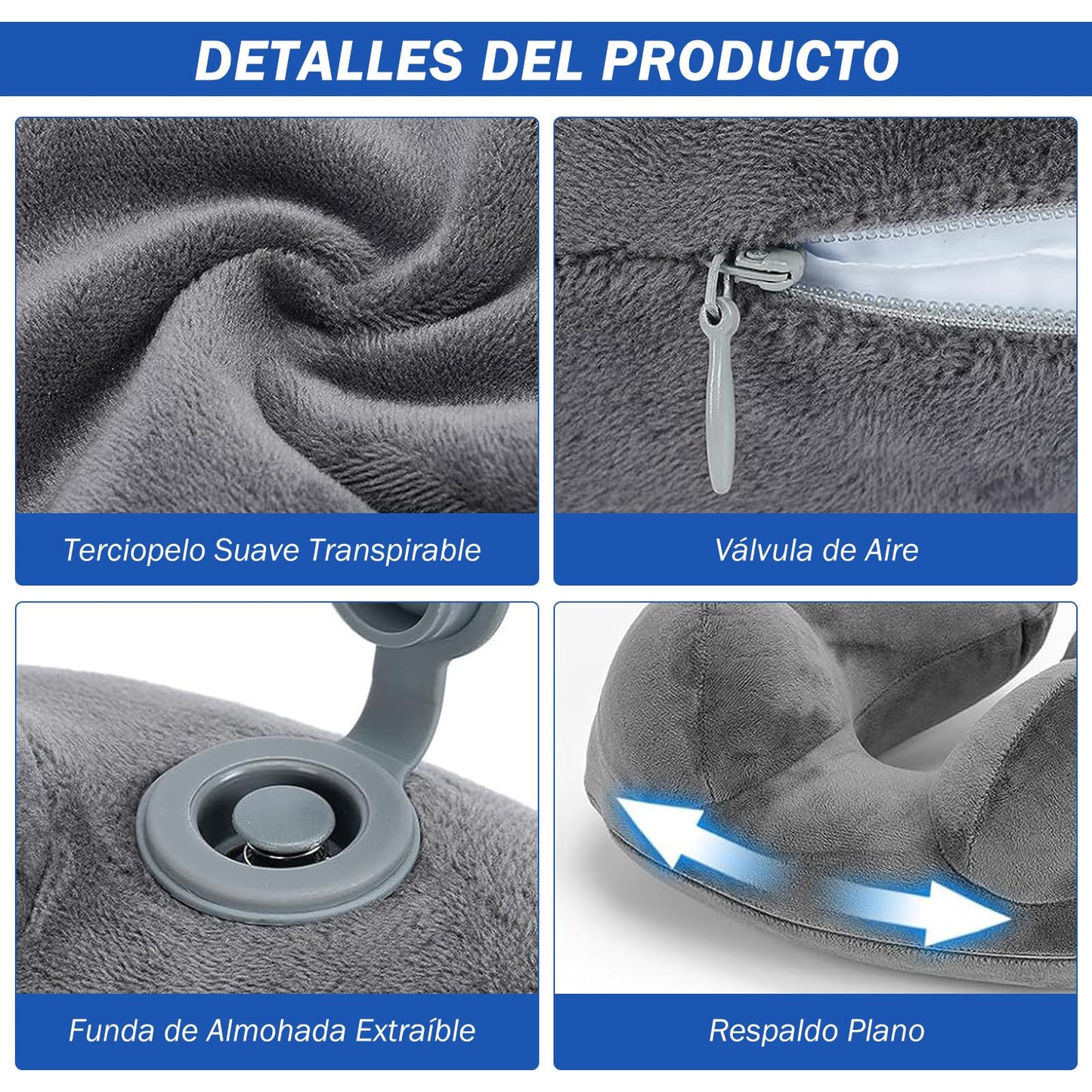 GuDoQi Almohada de Viaje Hinchable, Inflable Cojin Cervical Viaje con Tapón de Oídos, Máscara de Ojos, Cordón Ajustable, Cojin de Viaje Cuello para Avión, Coche, Oficina