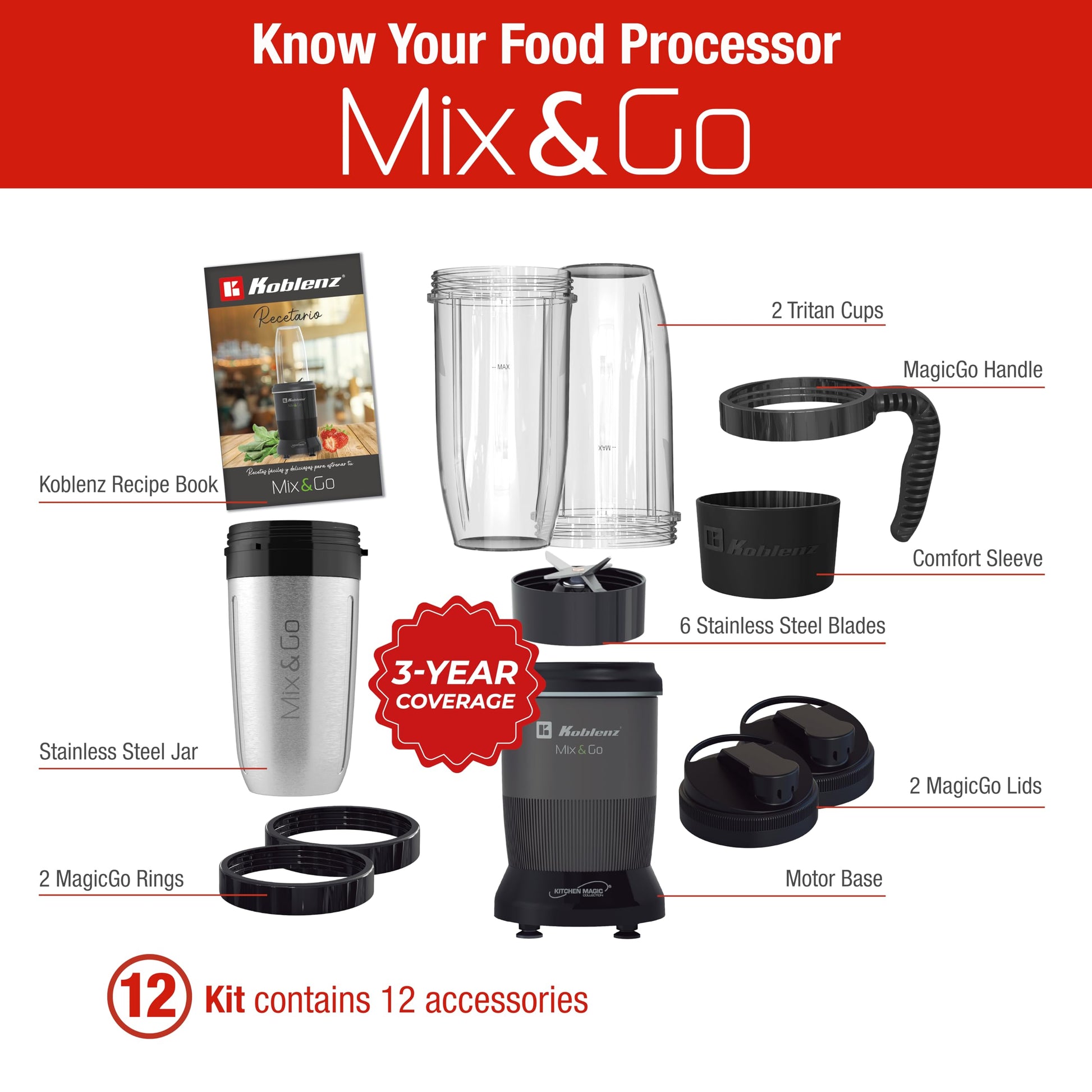Licuadora Personal Koblenz Mix&Go Batidora Portátil, 1000 Watts, Kit Completo, 12 Accesorios con 2 Vasos de Tritán y 1 Vaso de Acero, Cuchillas de Acero, Ideal para Jugos y Smoothies Negro BKM-1000