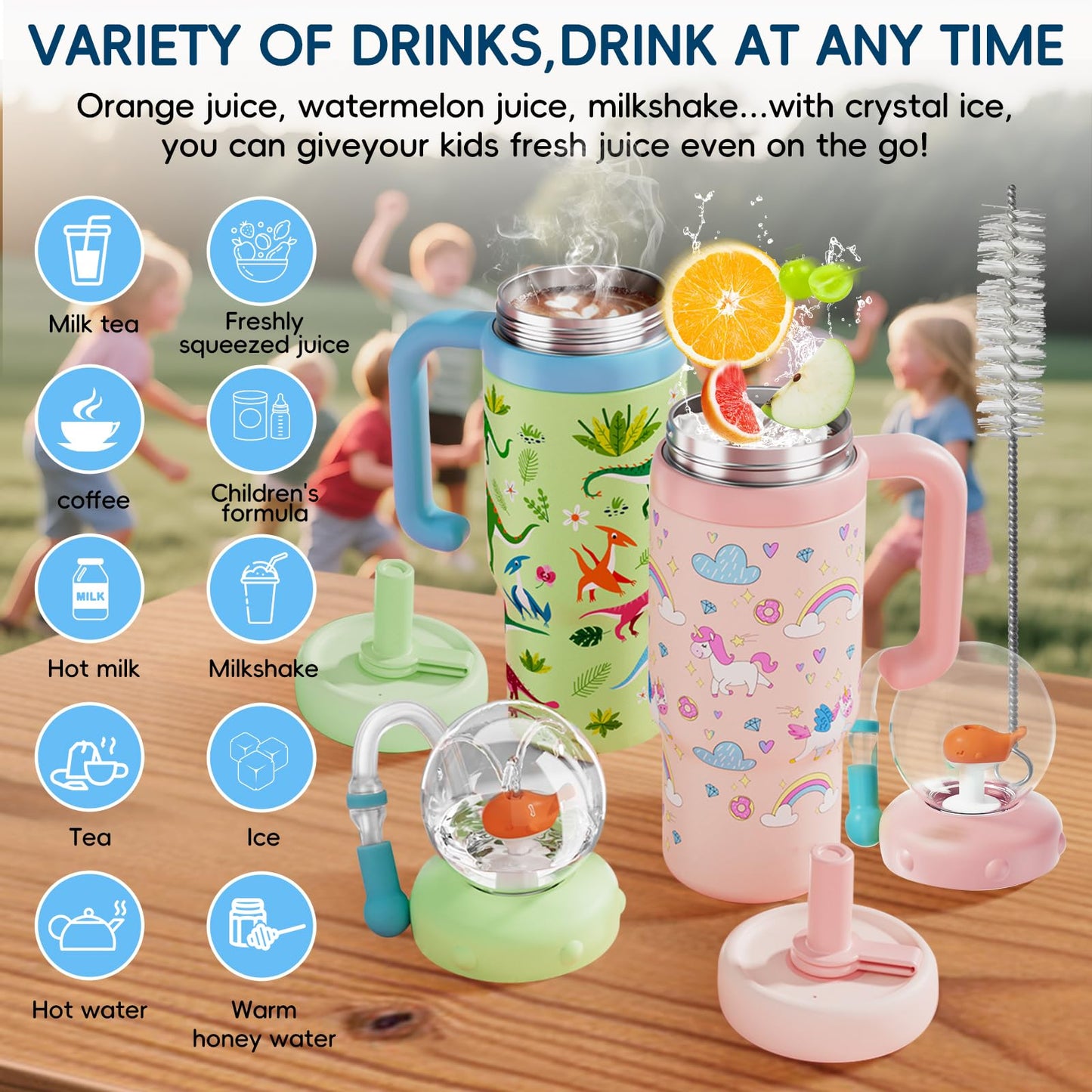 RUNSUNTUN Taza de fuente de ballena aislada, taza de viaje de acero inoxidable de 24 onzas con asa, taza con pajita a prueba de fugas, modelo 2025 - lavable. Adecuado para niños, adolescentes y