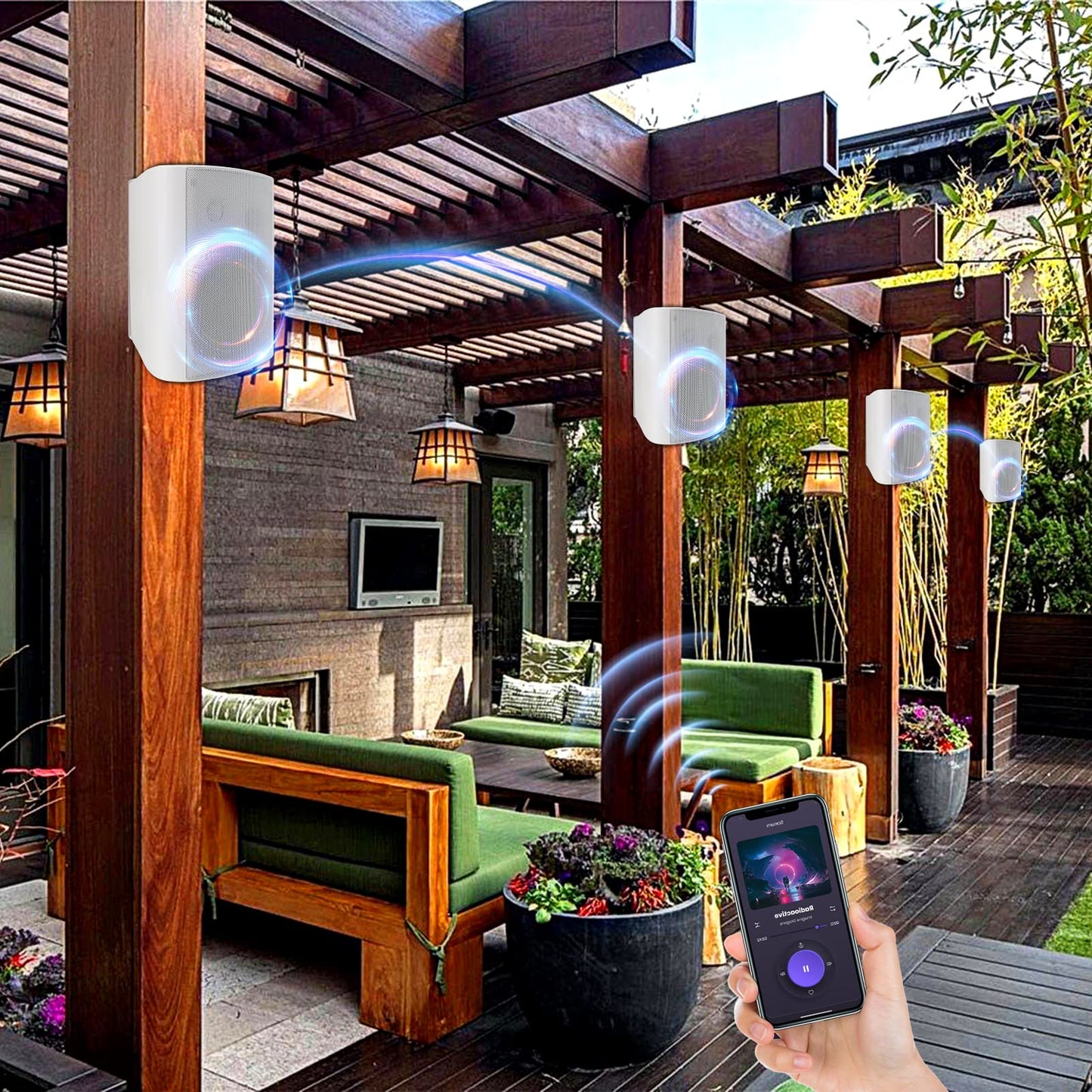 Herdio Bocina Exterior Bluetooth, 6,5 Pulgadas 800W 2 Vías Altavoces Impermeable para Exteriores, Amplificador Multifuncional, Amplia Cobertura de Sonido Estéreo, para Patio Jardín (2 Pares Blanco)