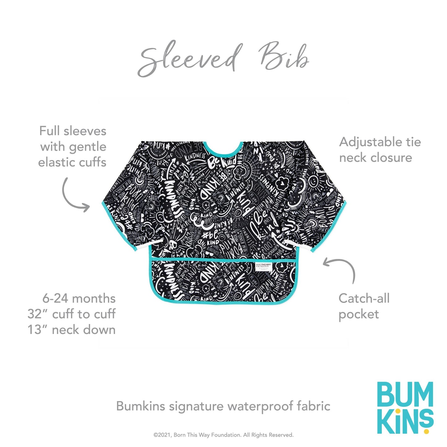 Bumkins - Babero de manga larga - Para niños y niñas, bebés y niños pequeños de 6 a 24 meses, ligero, duradero, impermeable, babero de manga larga - Bolsillo para atrapar - Lavable y lavable a máquina