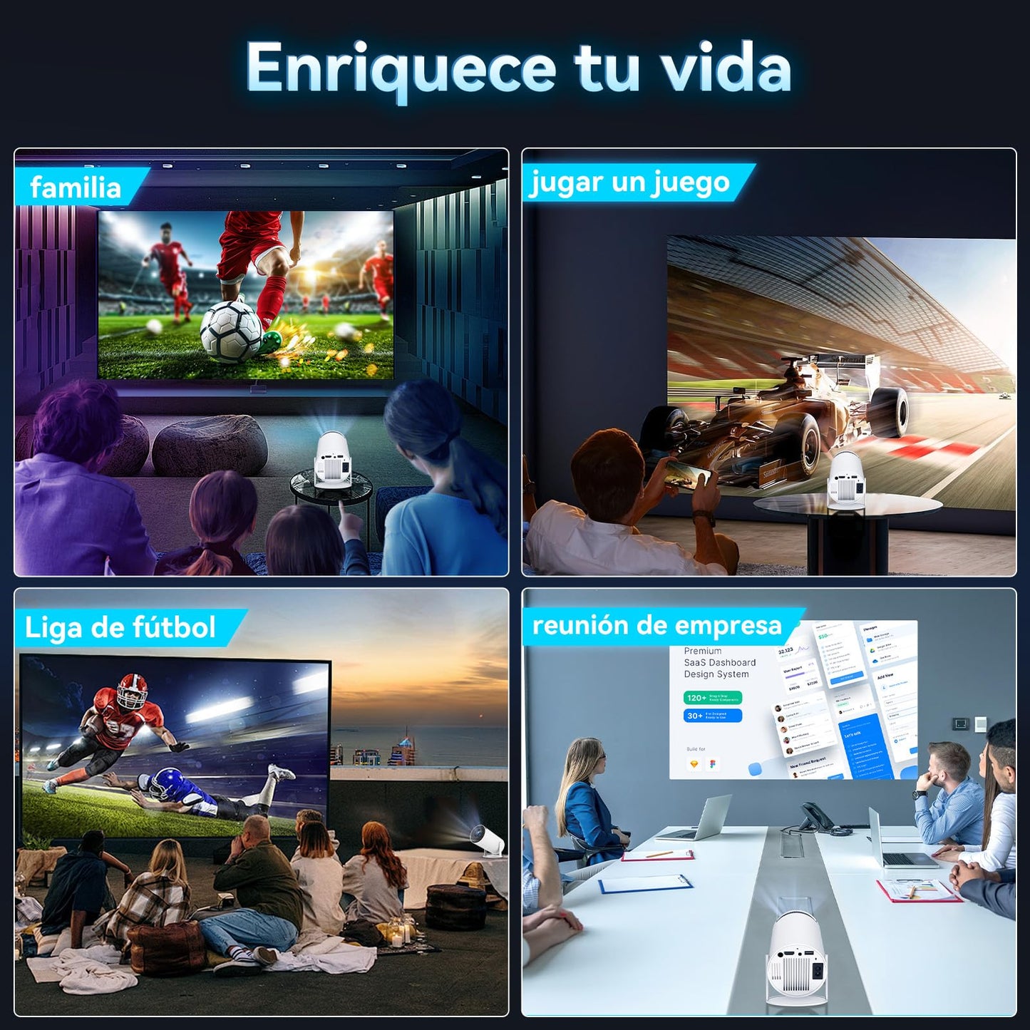 Proyector Portátil HY300 Pro 4K Blanco con Pantalla de 150 Pulgadas y WiFi 6