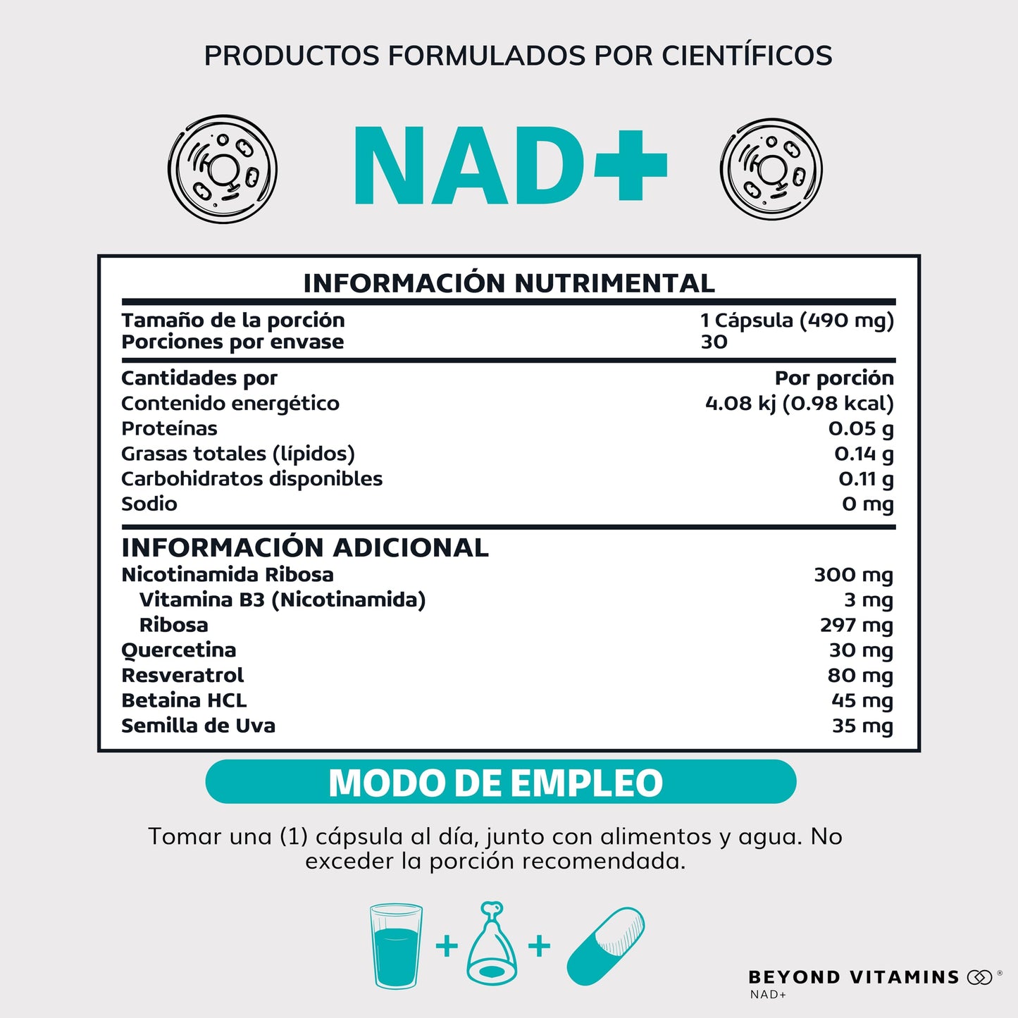 Suplementos NAD+ Nicotinamida Ribosa Beyond Vitamins con Resveratrol y Quercetina