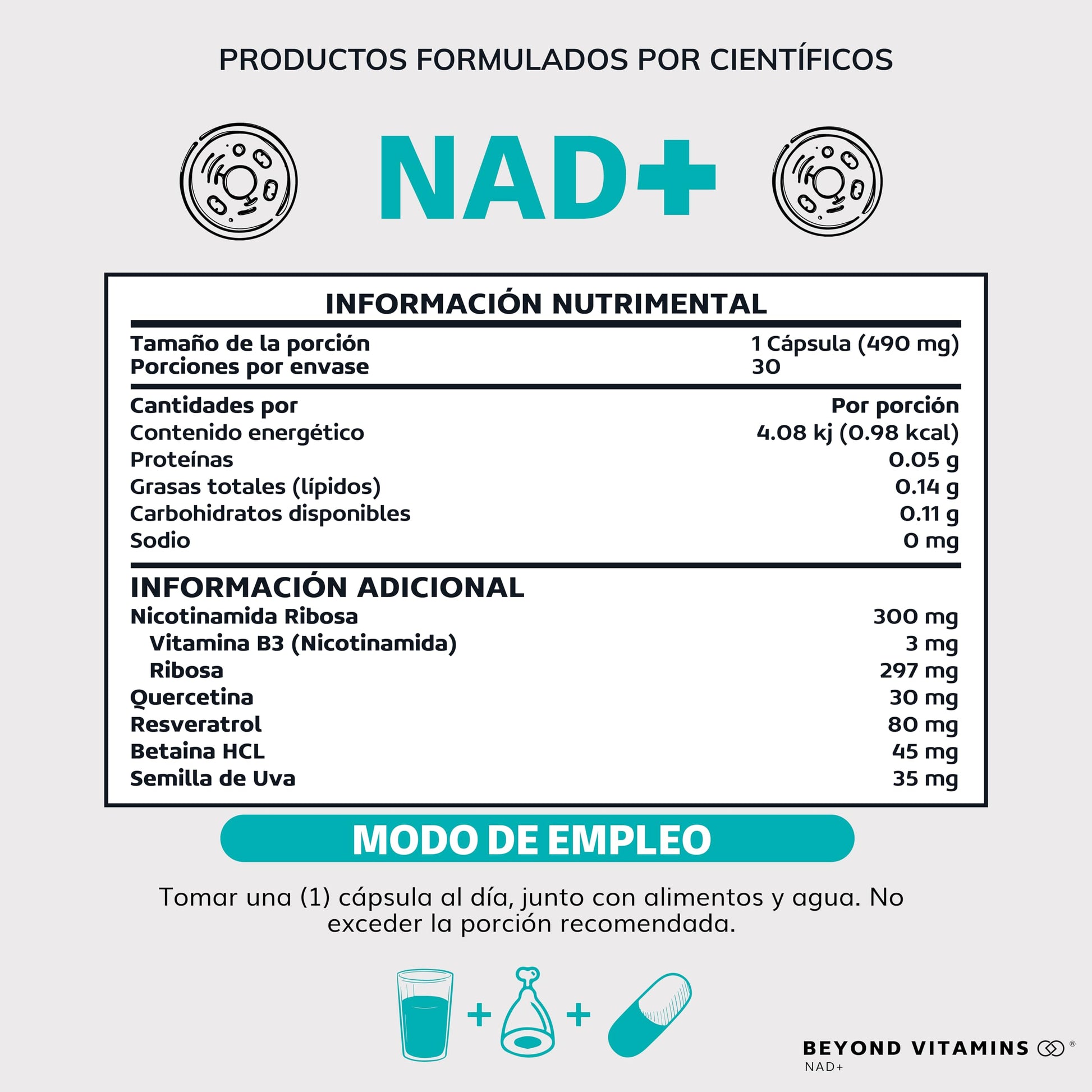 Suplementos NAD+ Nicotinamida Ribosa Beyond Vitamins con Resveratrol y Quercetina