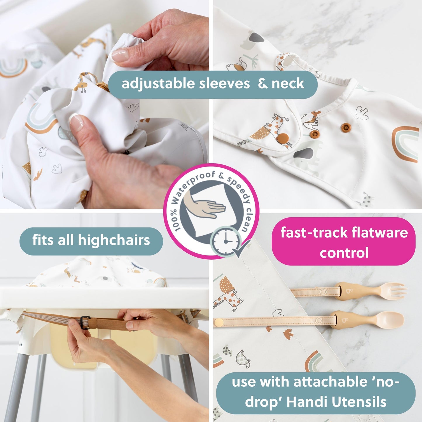 Bibado Baberos para bebé con mangas – Babero de destete LED para niños pequeños y bebés, 6-36 meses, se fija a sillas altas, cochecitos, mesas, Serengeti Spaghetti, One Size