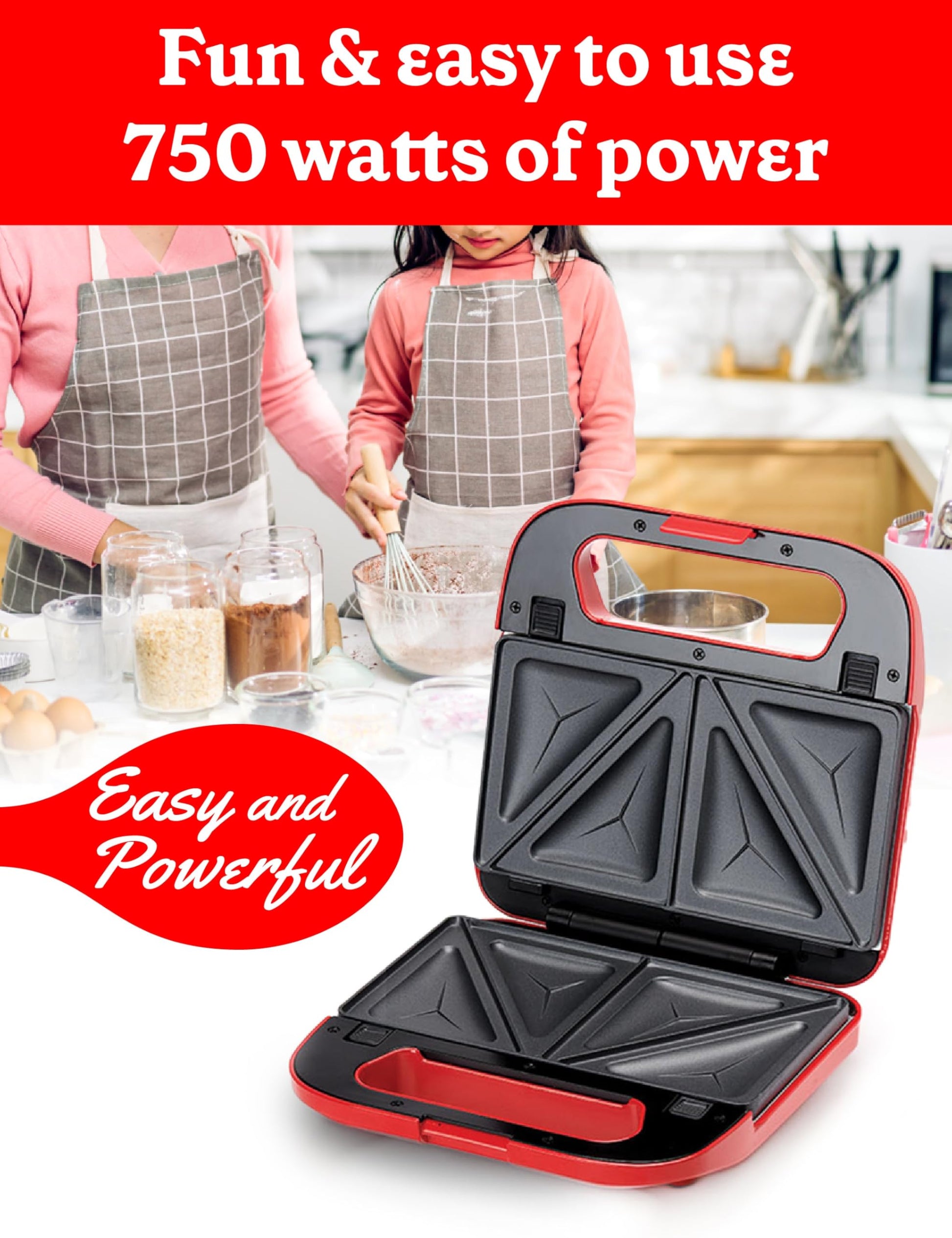 Betty Crocker 3 en 1 parrilla de interior, sándwich/Panini Press & Waffle Maker Plus, parrilla eléctrica interior con placas antiadherentes intercambiables, 750 vatios, BC-4965R, rojo