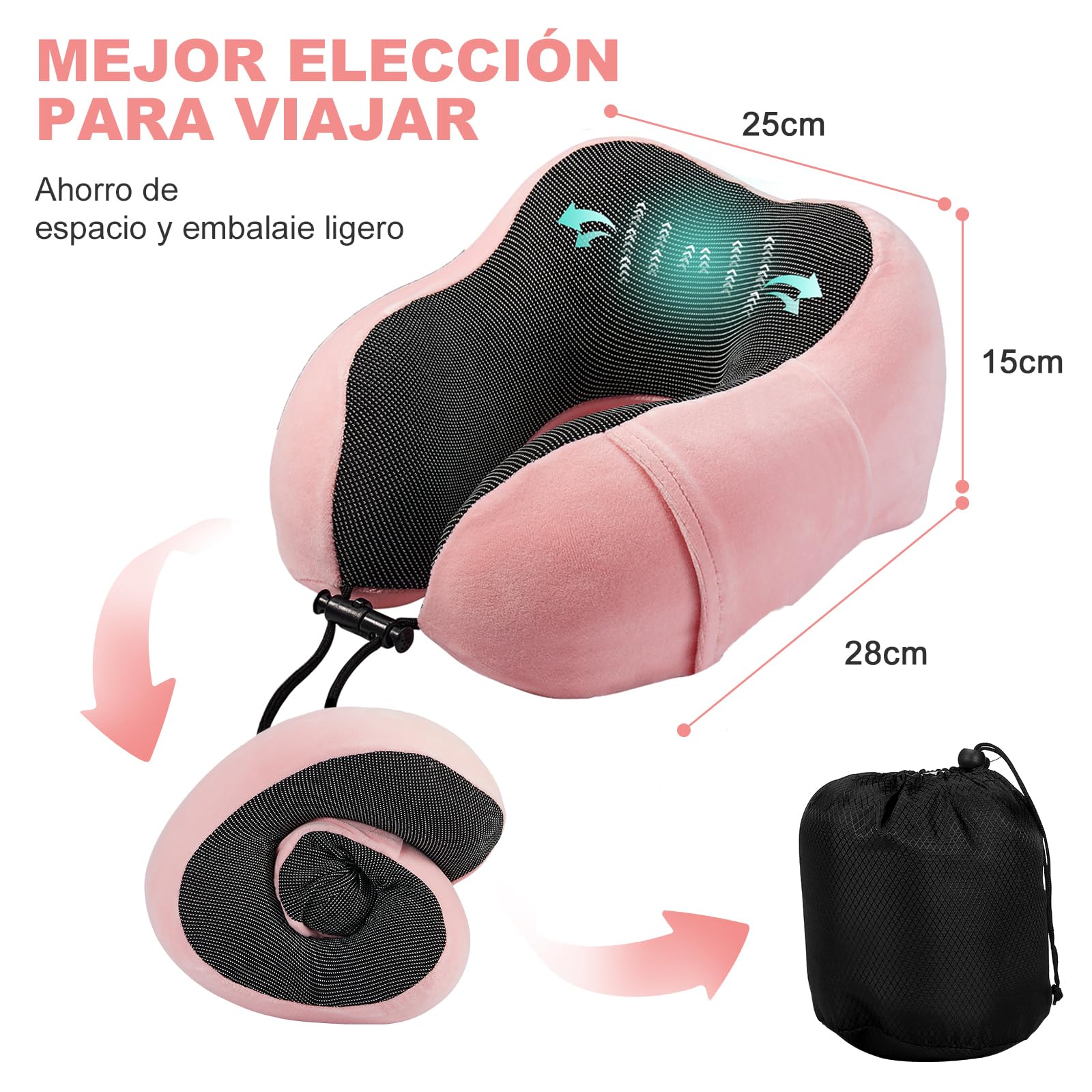 Almohada de Viaje, Almohada de Cuello Viscoelástica de Espuma de Memoria con Máscara de Ojos, Tapones para los oídos y Nariz, y Bolsa con Cordón, Soporte de Cuello para Avión, Oficina y el Hogar(Rosa)