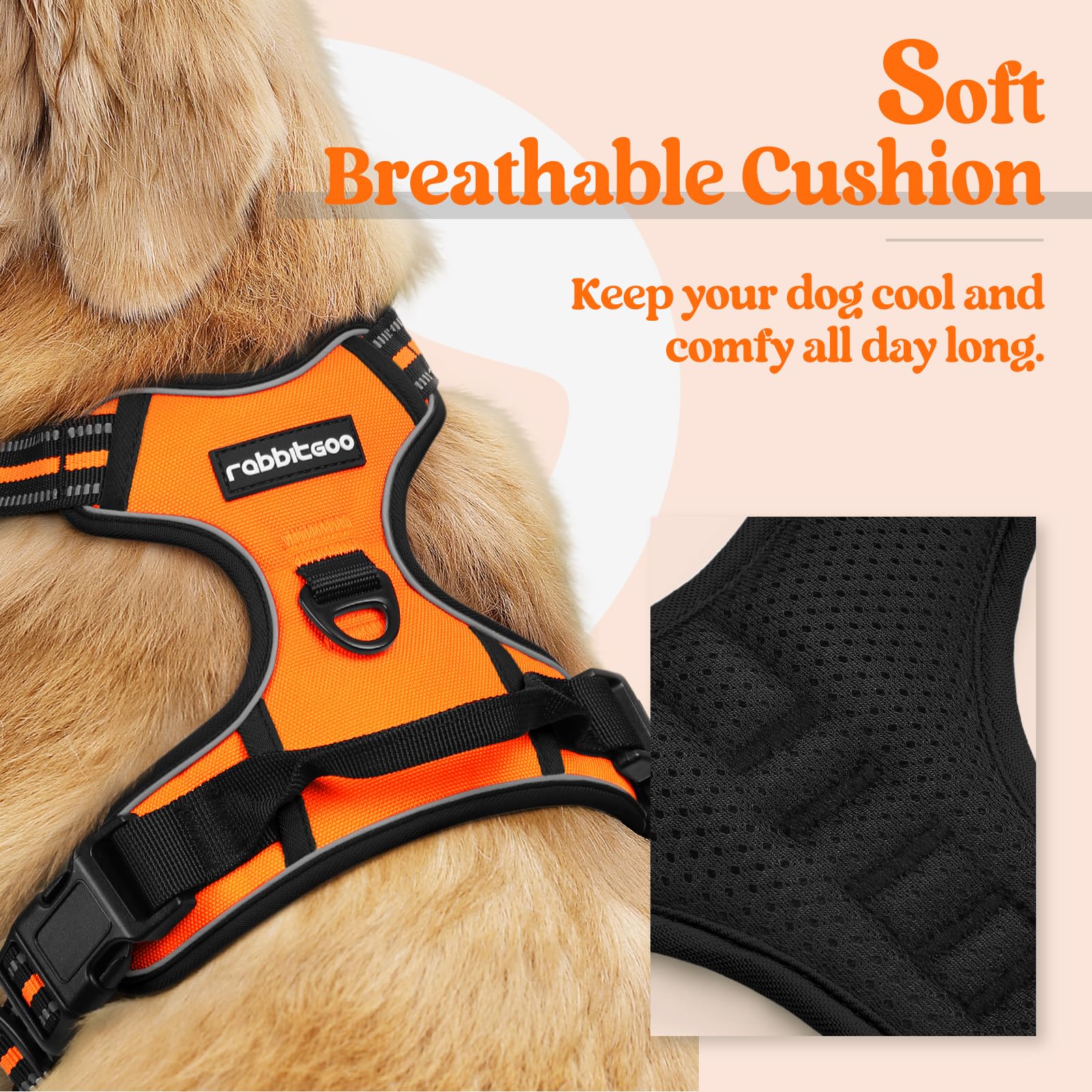 Arnés para Perro Rabbitgoo Naranja con Líneas Reflectantes y Chaleco Acolchado Ajustable para Adiestramiento y Correr Tamaño Mediano