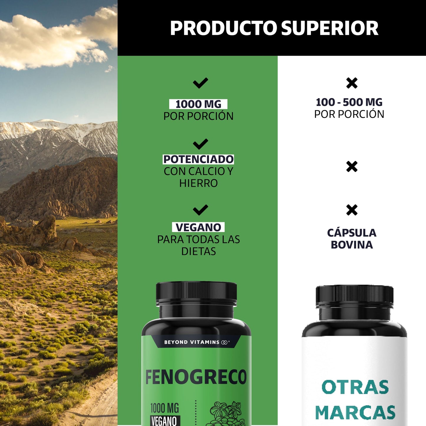Beyond Vitamins | Fenogreco 1000mg reforzado con Calcio y Hierro | Vegano y sin rellenos | Fenugreek 60 caps