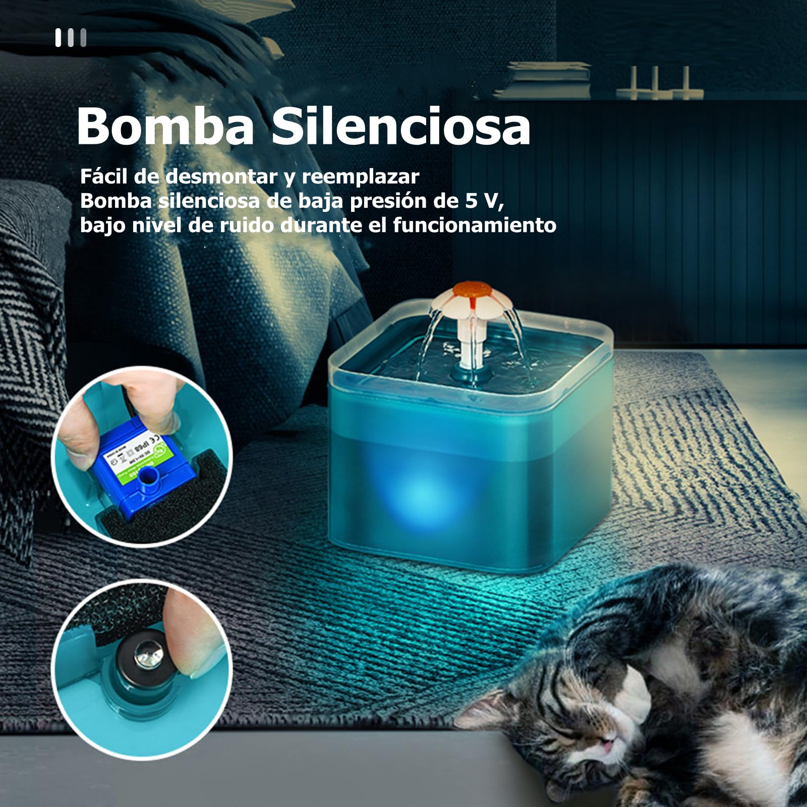 Feiniao Bebedero para Gato, 2L Fuente de Agua para Gato con Luz LED de Nocturna, 3 Modos de Agua, Dispensador de Agua para Gatos Mascotas y Perros Pequeños, Bomba Silenciosa, 2 Filtros de Algodón