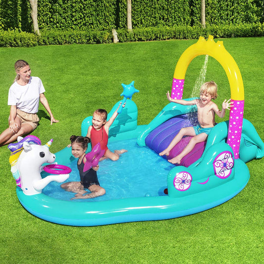 Bestway Alberca Inflable Infantil 3-6 años Unicornio c/resbalad 1mod 2.74x1.98x1.37m (9x6.6x54pulg) Caja(1)