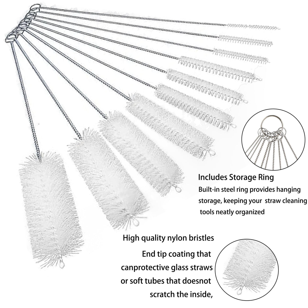Cepillo limpiador de pajitas, juego de cepillos de pajitas de 10 piezas, cepillo limpiador de pajitas para vaso, taza de aprendizaje, botella de agua y comederos de colibrí. (Blanco)
