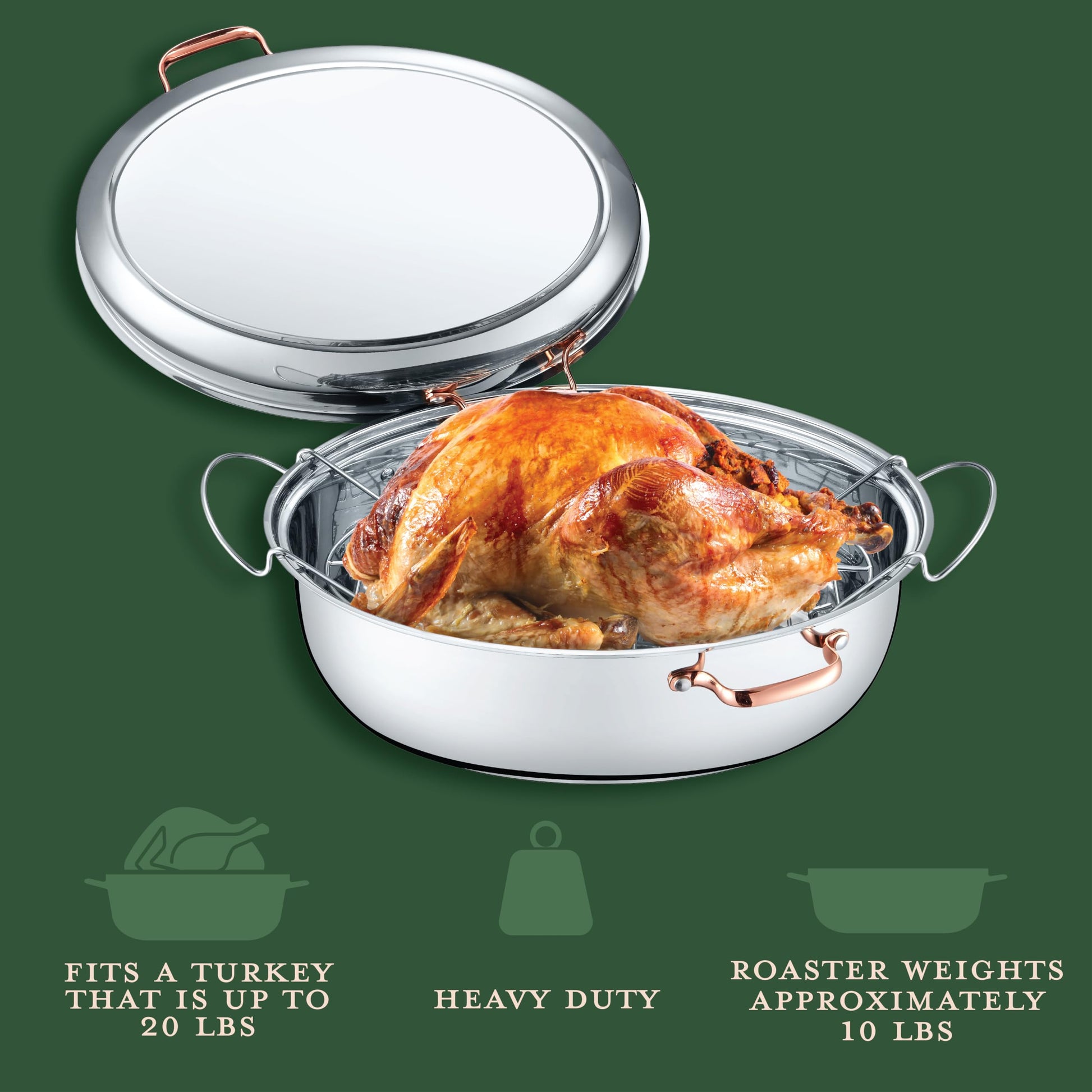 CONCORD - Sartén para asar de acero inoxidable de 12 cuartos con estante para colgar. Tostador ovalado de pavo con tapa de plancha, utensilios de cocina multiusos