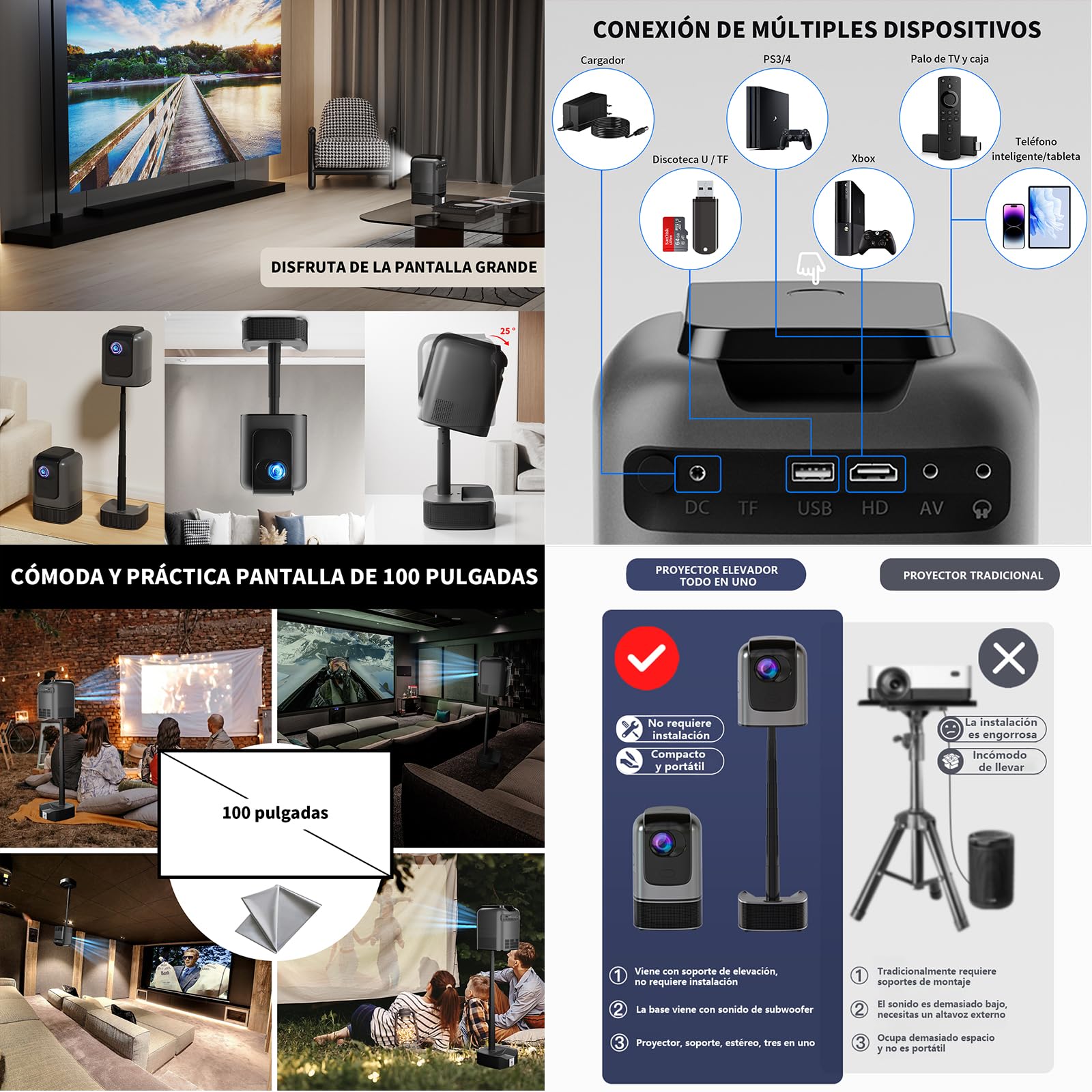 Proyector OCCULO 4K Blanco con WiFi 6 Incorporado y Tripie Retráctil