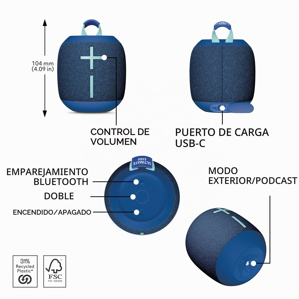Altavoces Bluetooth Impermeables 4 Ultimate Ears WONDERBOOM Azul con Graves Grandes y Sonido 360 Grados para Exteriores