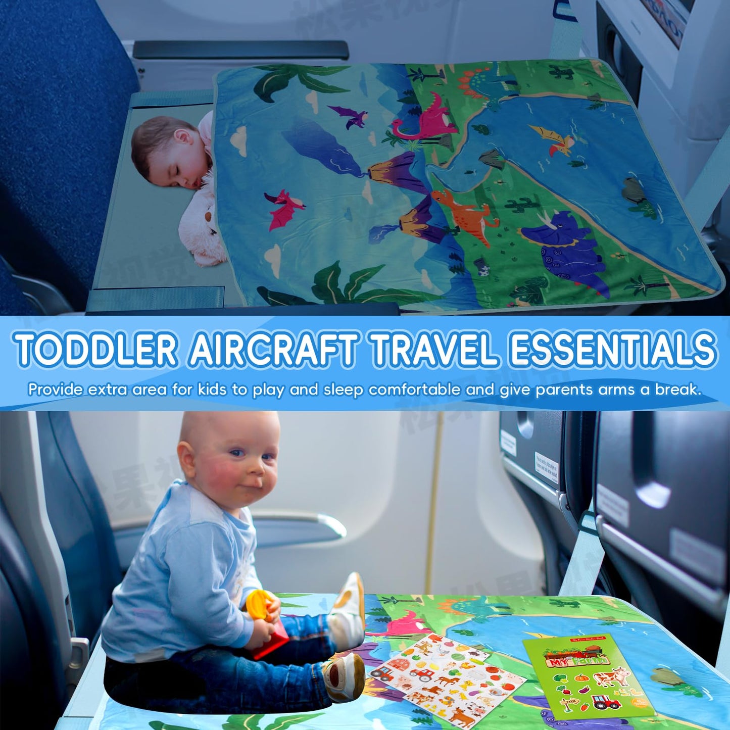 Gocozy - Cama de avión para niños pequeños con manta, extensor de asiento de avión para niños, artículos esenciales de viaje para niños, dinosaurios