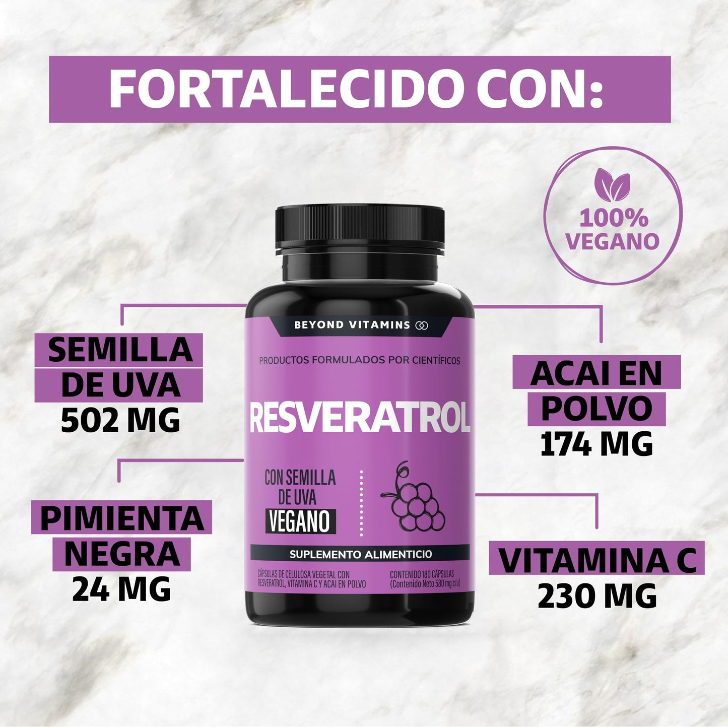 Suplemento de Trans-Resveratrol con Pimienta Negra y Vitamina C 100% Vegano