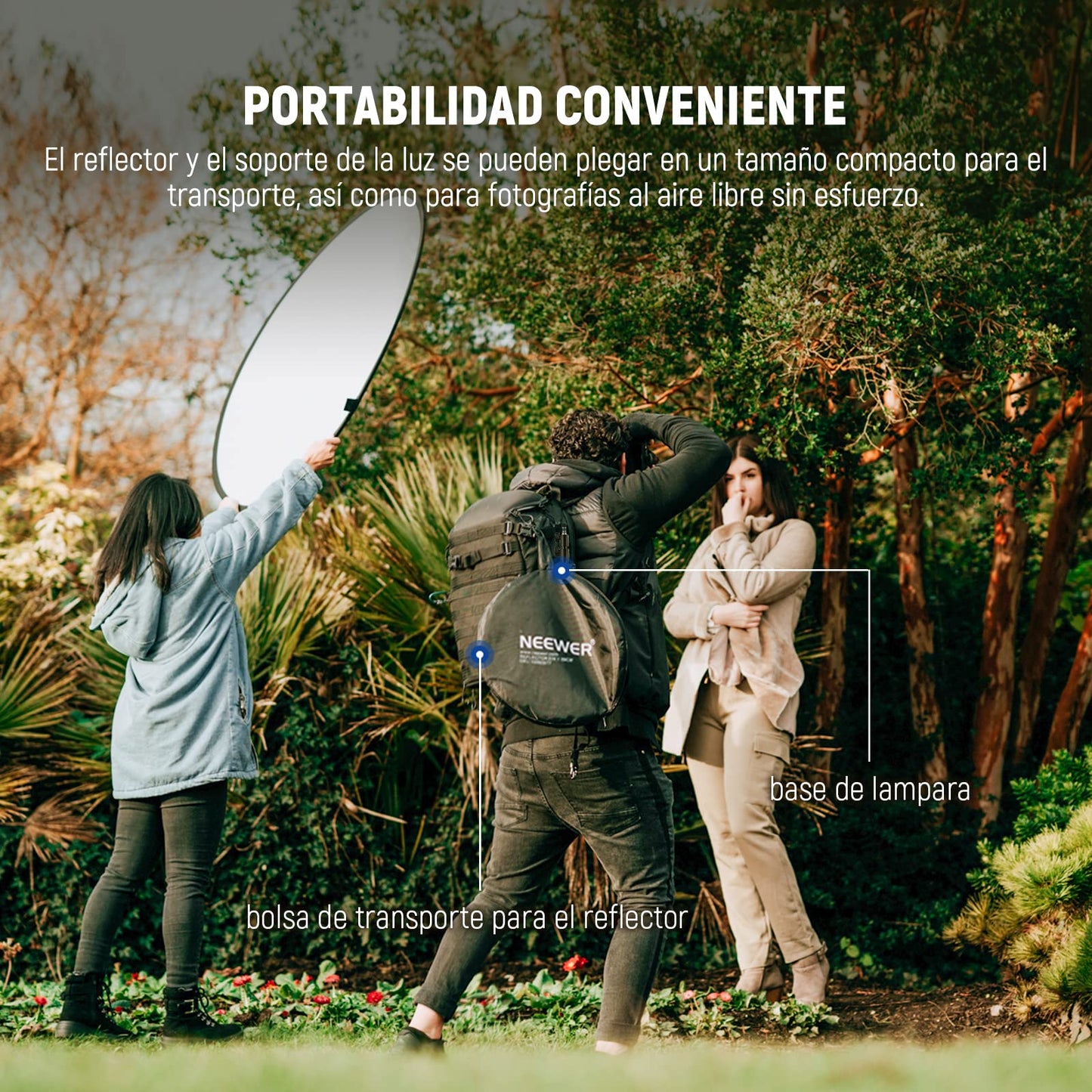 NEEWER Kit de Reflector de Luz de 43"/110cm, Reflector Redondo Plegable 5 en 1 (Translúcido/Plateado/Dorado/Blanco/Negro), Abrazadera de Metal y Soporte Corto de 21"-43"/53-110cm para Fotografía