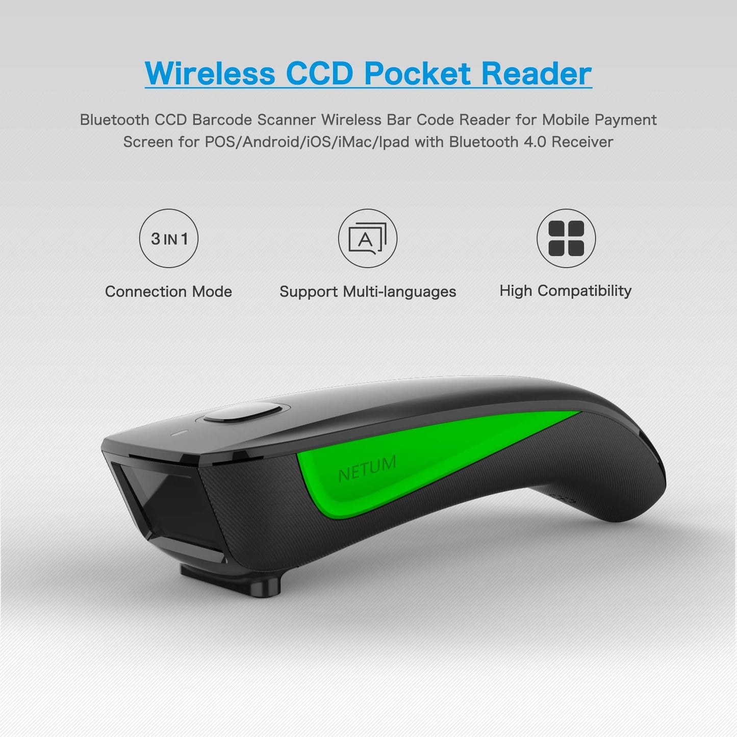 NETUM - Mini escáner de código de barras 1D con Bluetooth, 3 en 1, portátil, automático, USB, inalámbrico, CCD, escaneado de código de barras, compatible con escaneado de visualización, para tabletas,
