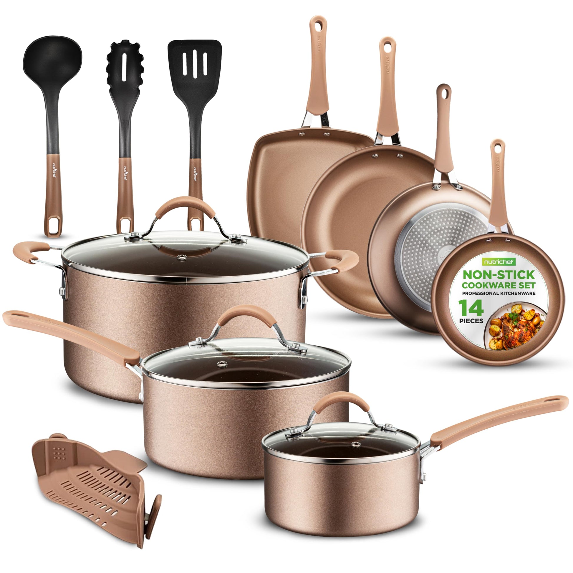 NutriChef - Juego de utensilios de cocina antiadherentes de 14 piezas con cacerola, sartenes, ollas de cocina, olla holandesa, tapas, utensilio, dorado