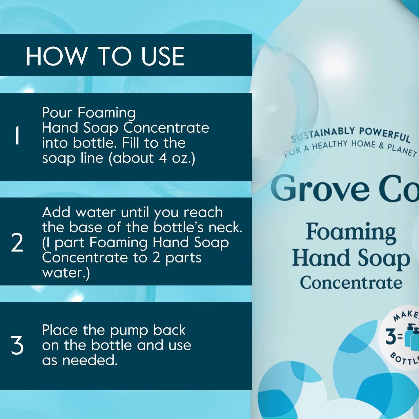 Grove Co. Jabón de manos espumoso concentrado (355 ml) + dispensador de jabón de vidrio reutilizable, kit de inicio rellenable sin plástico, sin perfume.